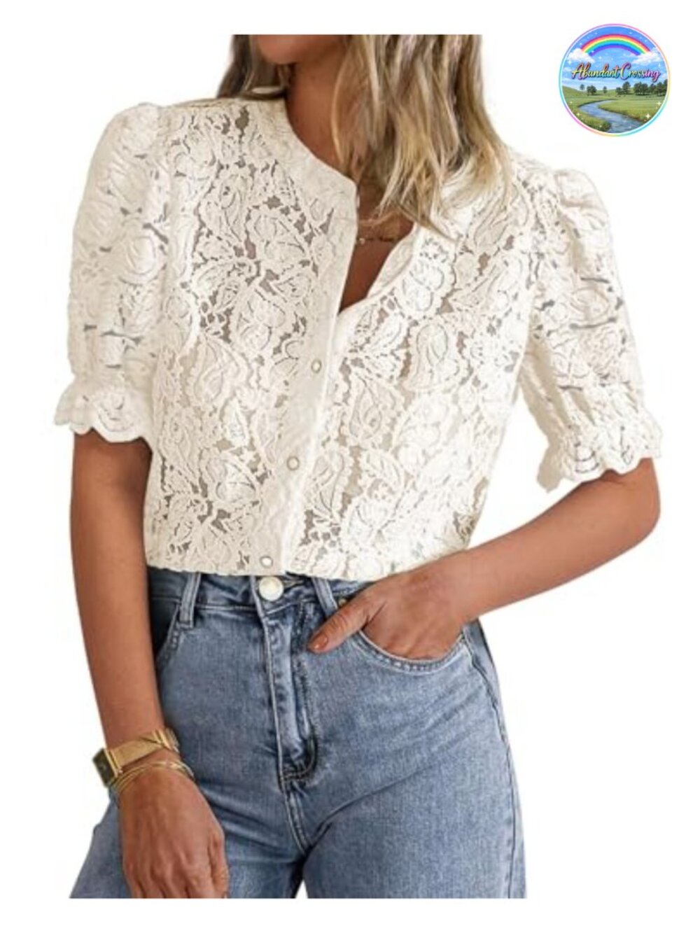 Women's Sheer Lace Long Sleeve Blouse Button Down Cotton